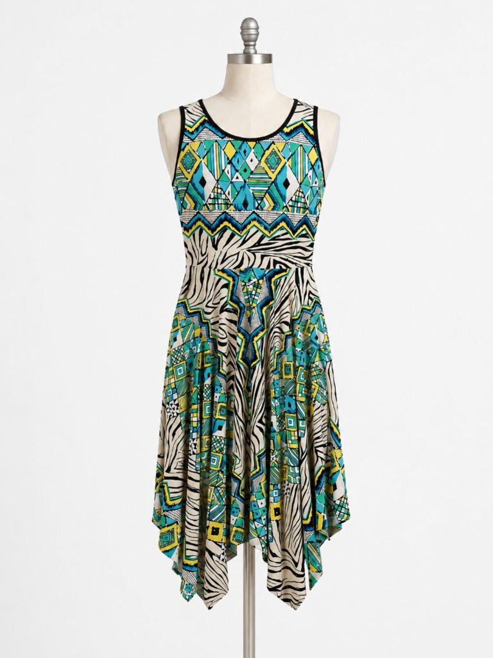 Beige by eci Teal, Black & Yellow Asymmetrical Handkerchief Dress